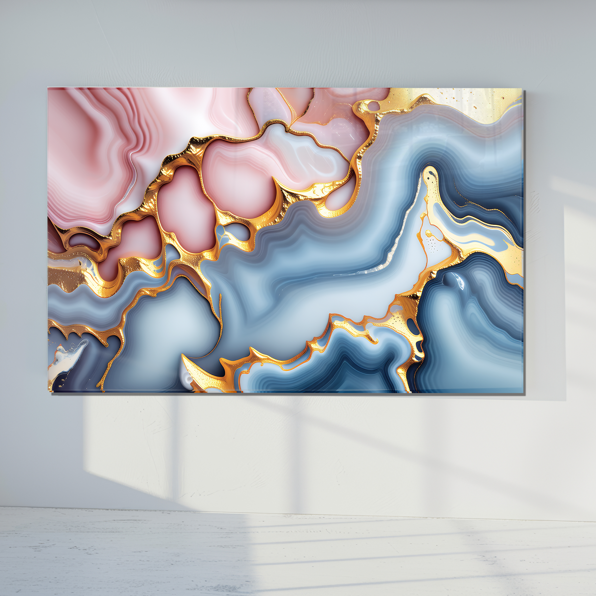 Temperli Cam Duvar Tablosu – Mavi Pembe Mermer Soyut Dekor