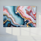 Temperli Cam Duvar Tablosu – Mavi Pembe Mermer Soyut Dekor