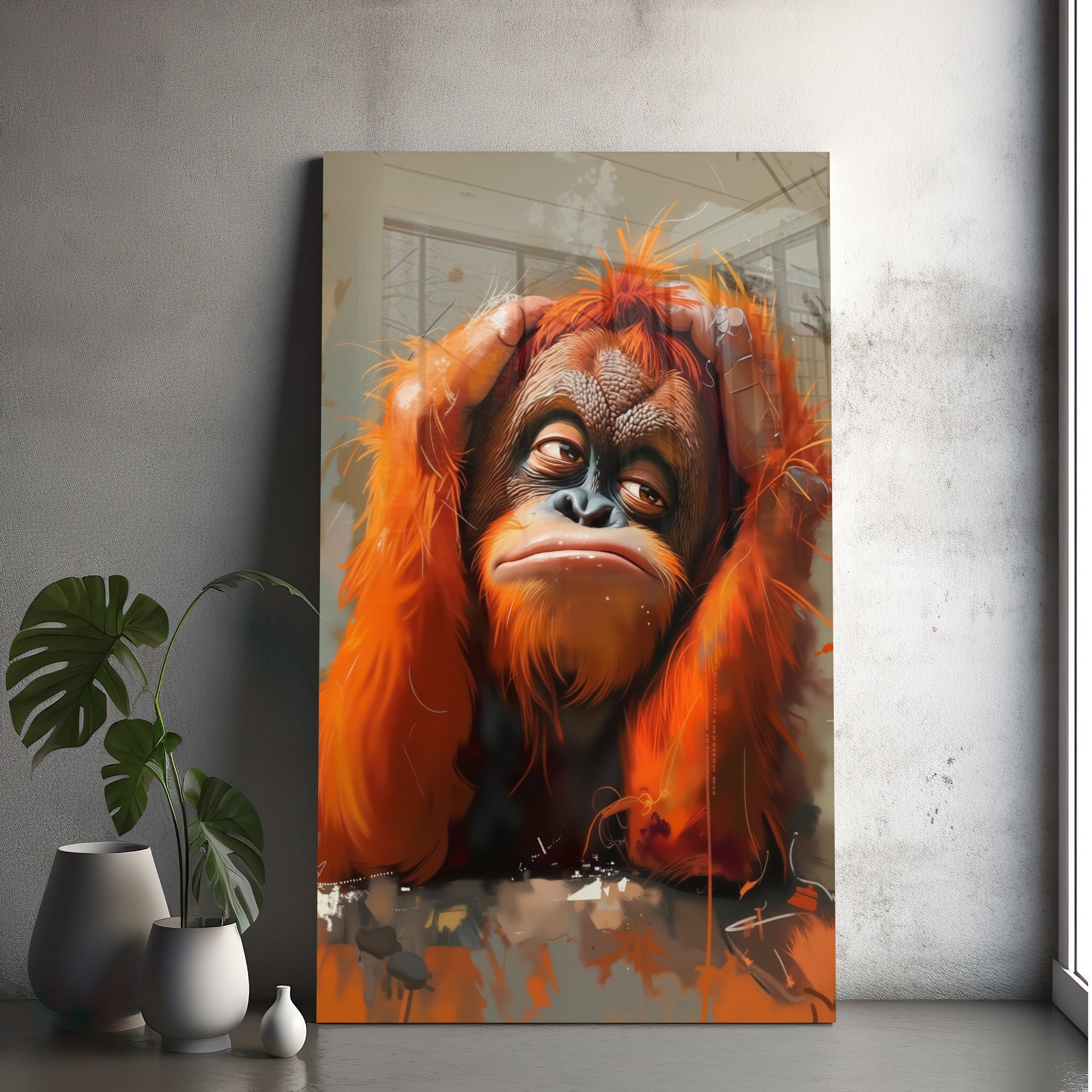 Turuncu Orangutan Temalı Temperli Cam Tablo – Modern Sanat & Mizahi Dekor
