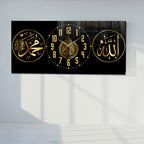 İslami Saatli Temperli Cam Tablo – Allah & Muhammed Yazılı Modern Duvar Saati, Ahşap Dese