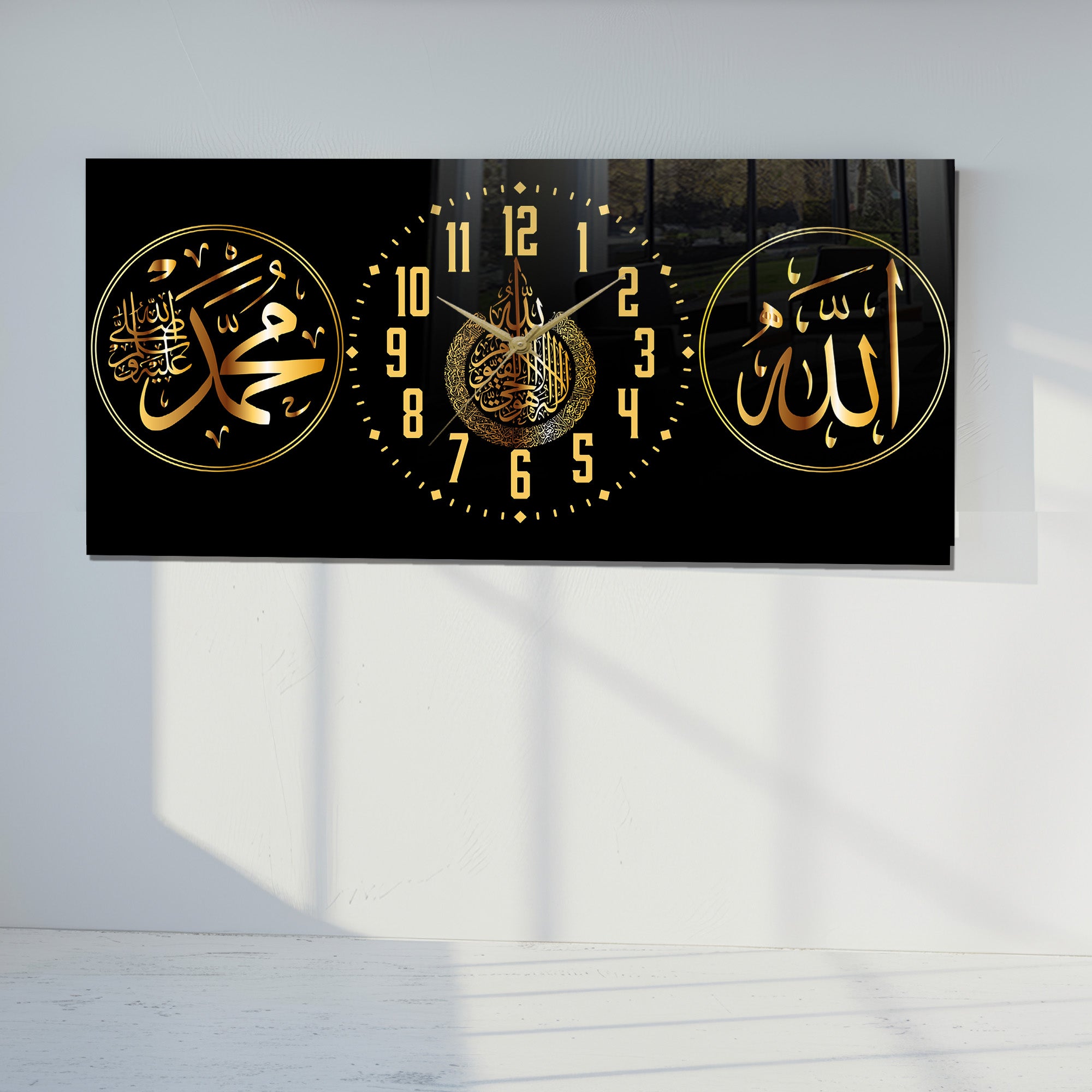 İslami Saatli Temperli Cam Tablo – Allah & Muhammed Yazılı Modern Duvar Saati, Ahşap Dese