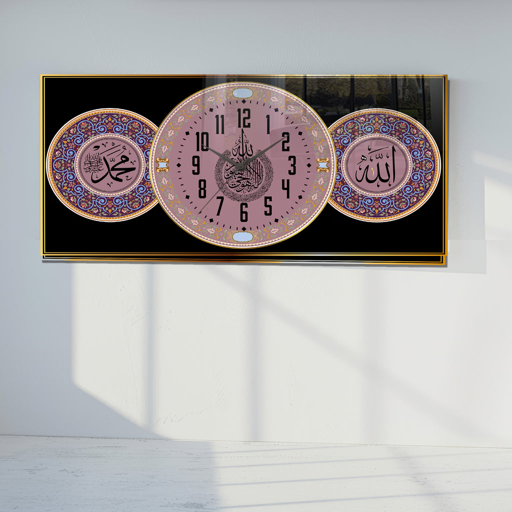 Nur Suresi 35 Ayetli Saatli Temperli Cam Tablo – Allah & Muhammed Yazılı, Türkçe Okunuşlu, Lüks İslami Duvar Saati