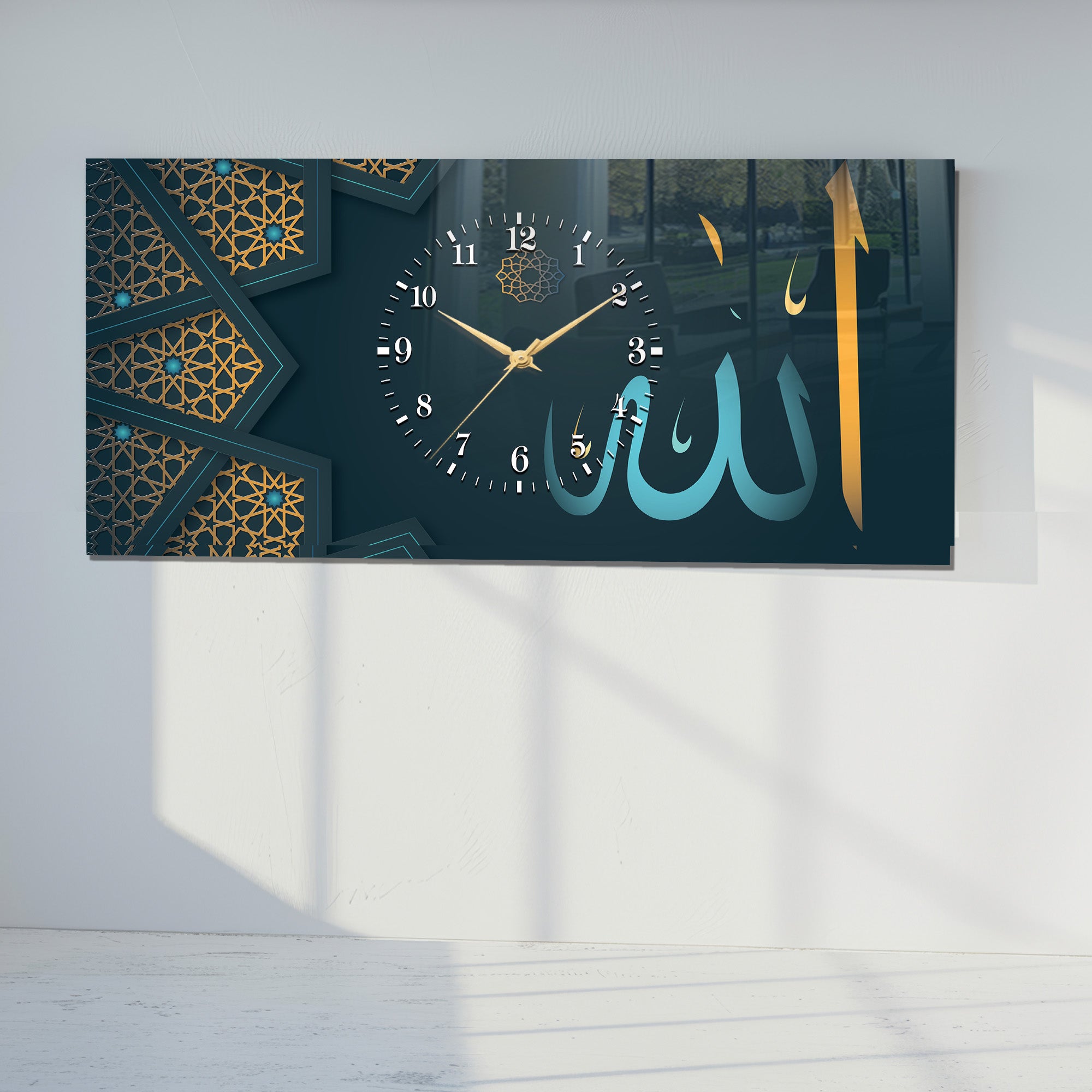 İslami Saatli Temperli Cam Tablo – Allah & Muhammed Yazılı Modern Duvar Saati, Ahşap Desenli Premium UV Baskı (Kopya)