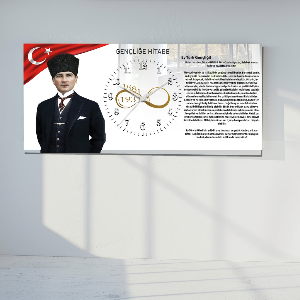 Gençliğe Hitabe Temalı Cam Duvar Saati  –Atatürk Portresi Ve Gençliğe Hitabe Tasarım, Premium UV Baskı Duvar Saati