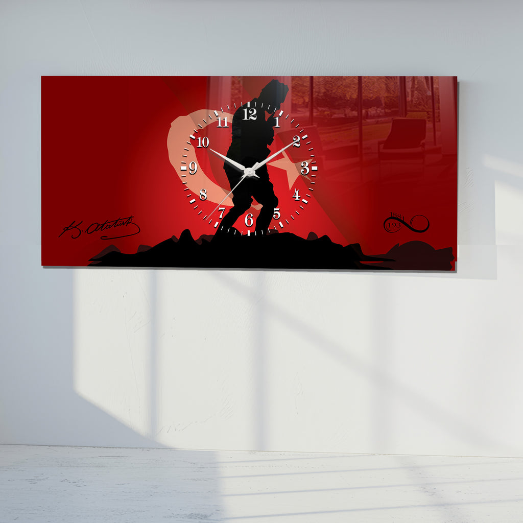 Kırmızı Türk Bayraklı Saatli Temperli Cam Saat –Atatürk Portresi  Tasarım, Premium UV Baskı Duvar Saati