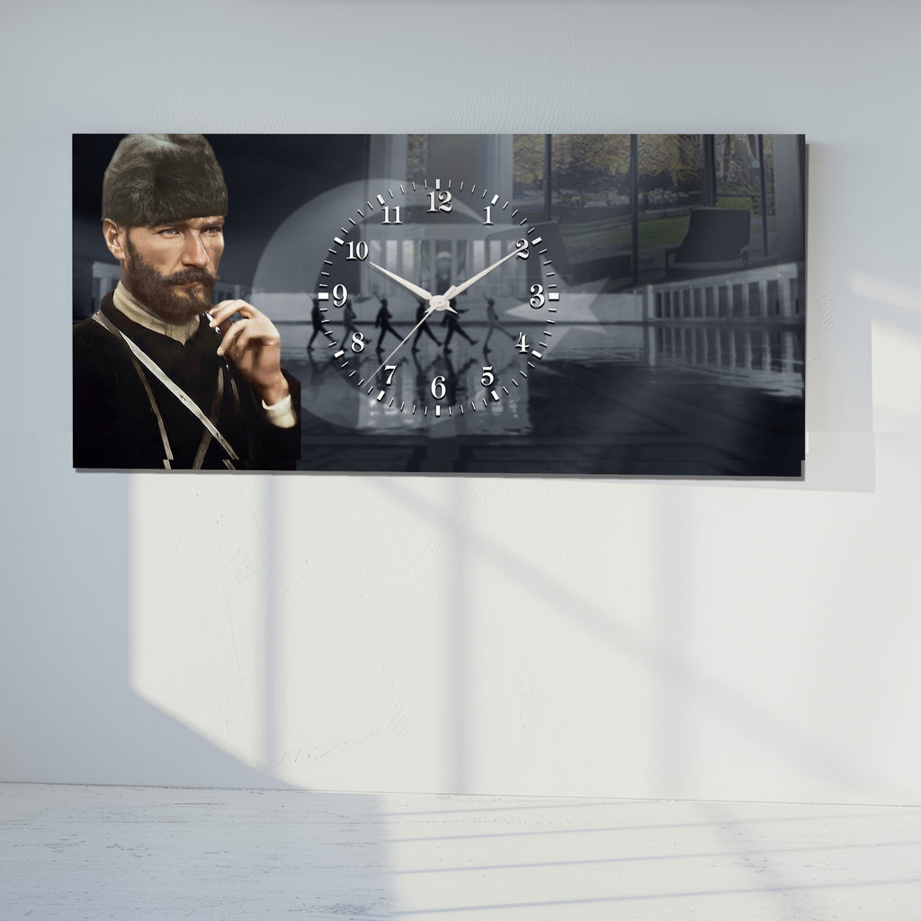 Anıtkabir Temalı Temperli Cam Saat –Atatürk Portresi  Tasarım, Premium UV Baskı Duvar Saati