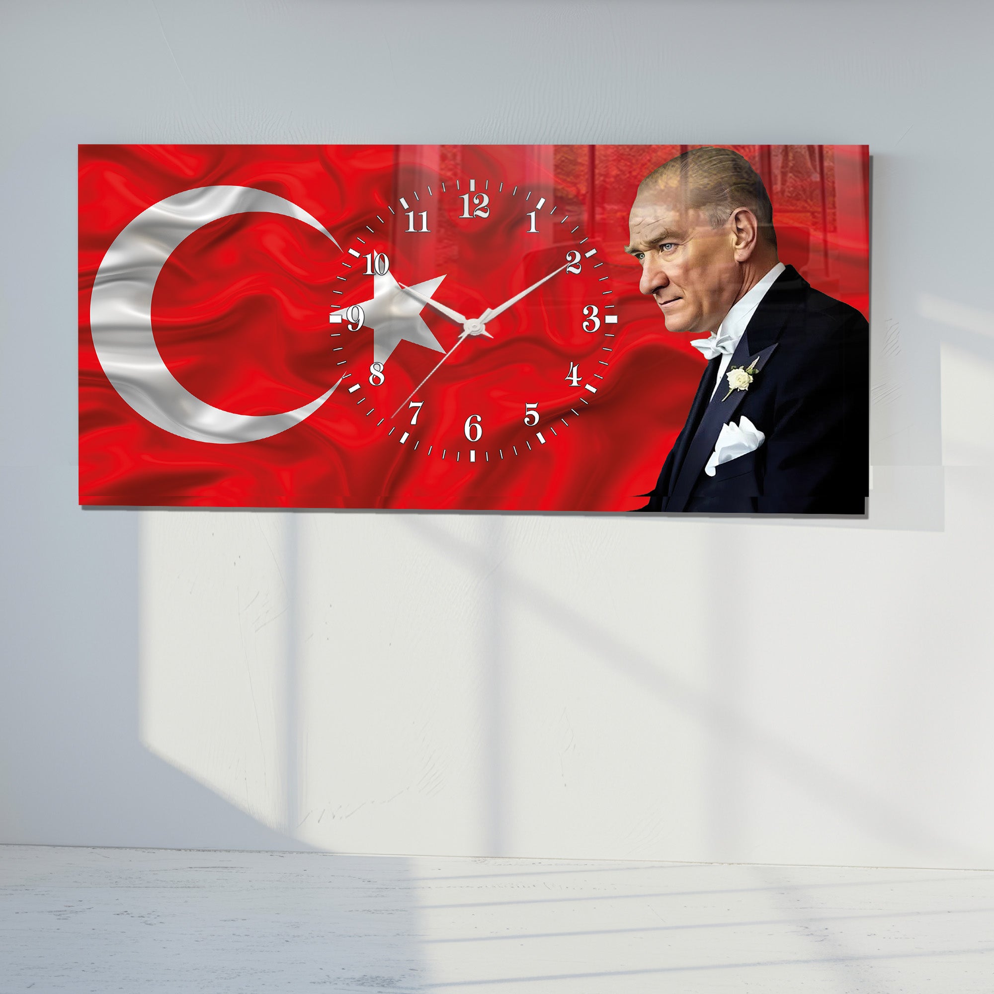 Kırmızı Türk Bayraklı Saatli Temperli Cam Saat –Atatürk Portresi  Tasarım, Premium UV Baskı Duvar Saati