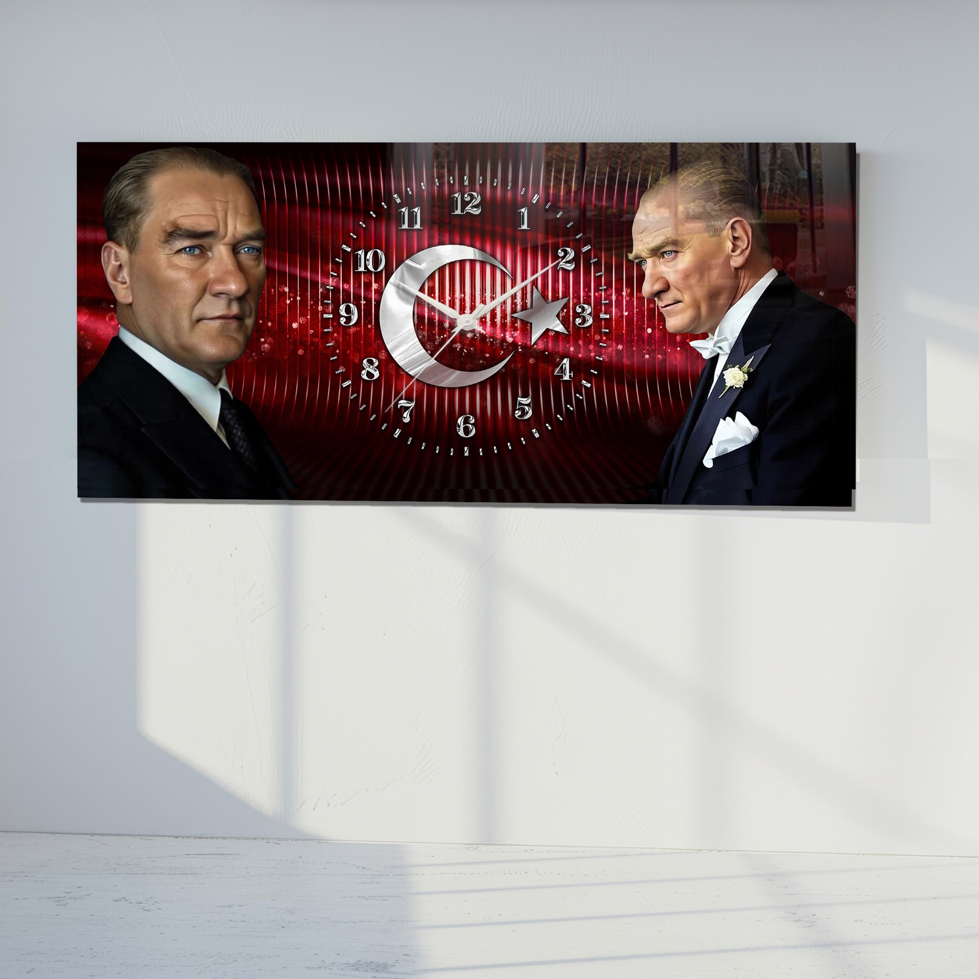 Kırmızı Türk Bayraklı Saatli Temperli Cam Saat –Atatürk Portresi  Tasarım, Premium UV Baskı Duvar Saati (Kopya) (Kopya) (Kopya)