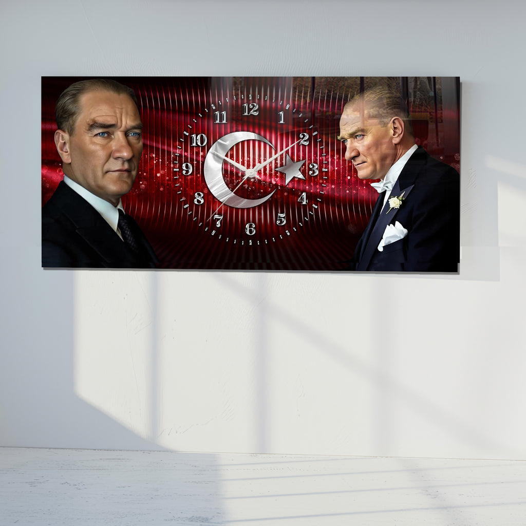 Kırmızı Türk Bayraklı Saatli Temperli Cam Saat –Atatürk Portresi  Tasarım, Premium UV Baskı Duvar Saati