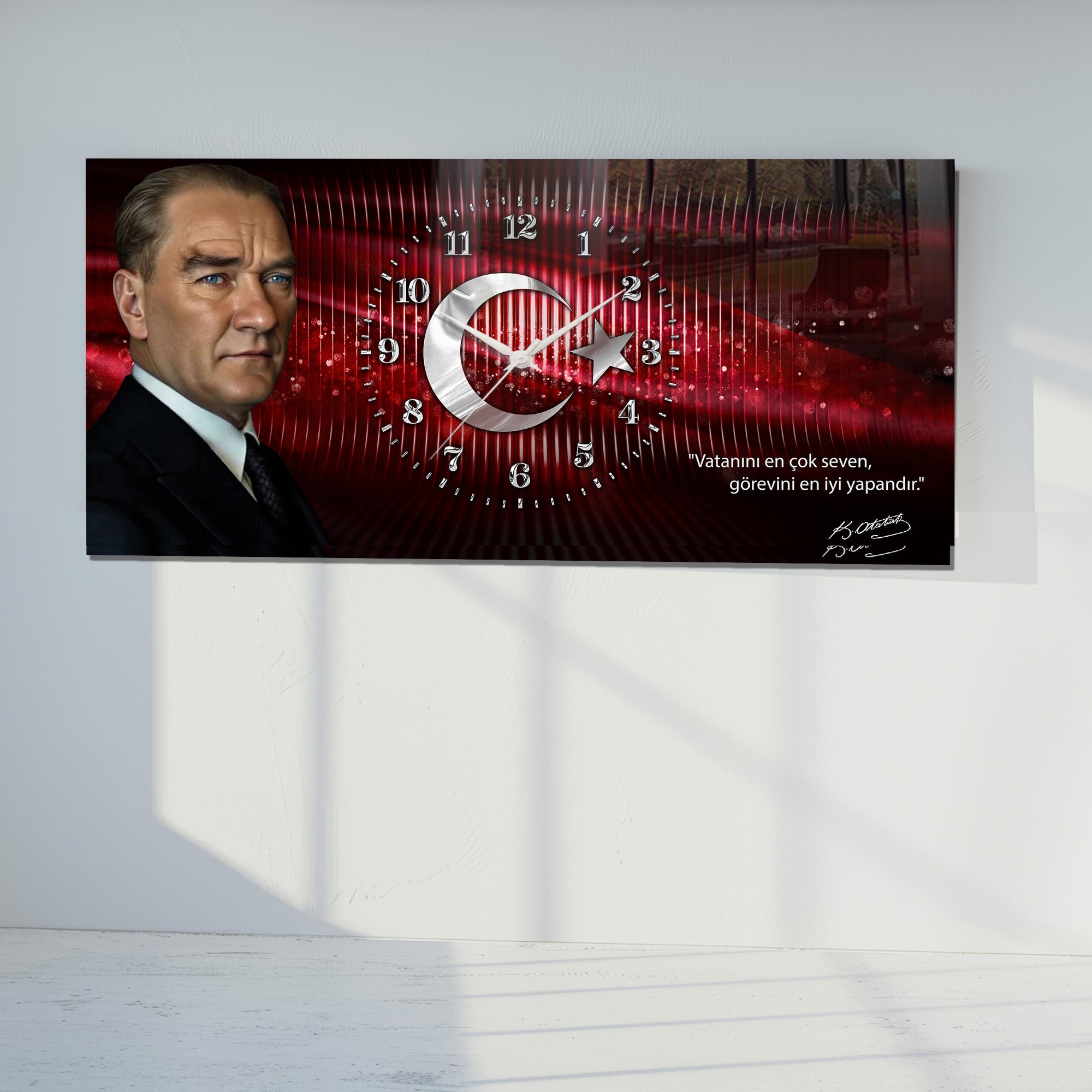 Kırmızı Türk Bayraklı Saatli Temperli Cam Saat –Atatürk Portresi  Tasarım, Premium UV Baskı Duvar Saati