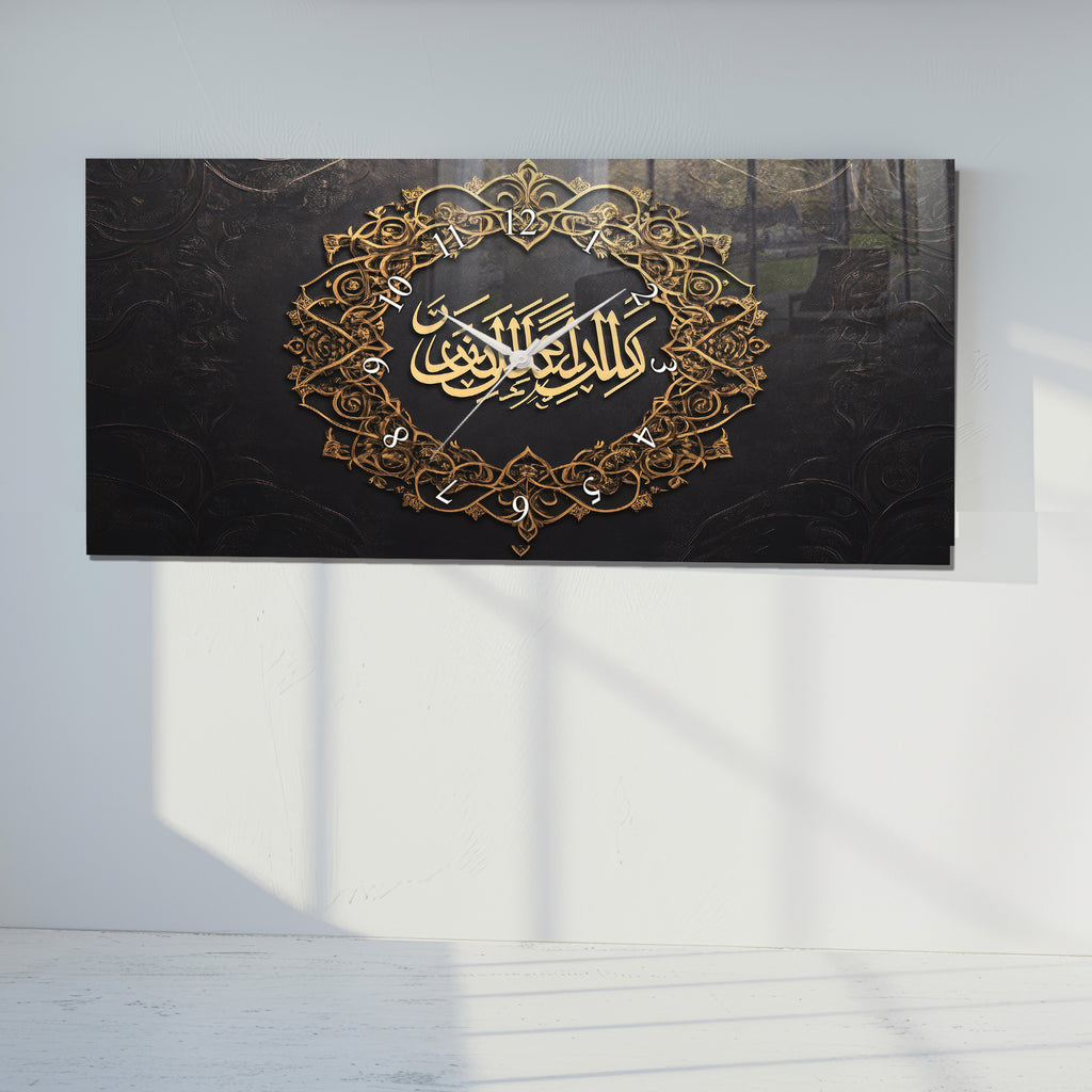 Temperlenmiş Cam İslami Duvar Saati – “Lâ İlâhe İllAllâh” Hat Sanatı, Siyah Altın Asil Dekor