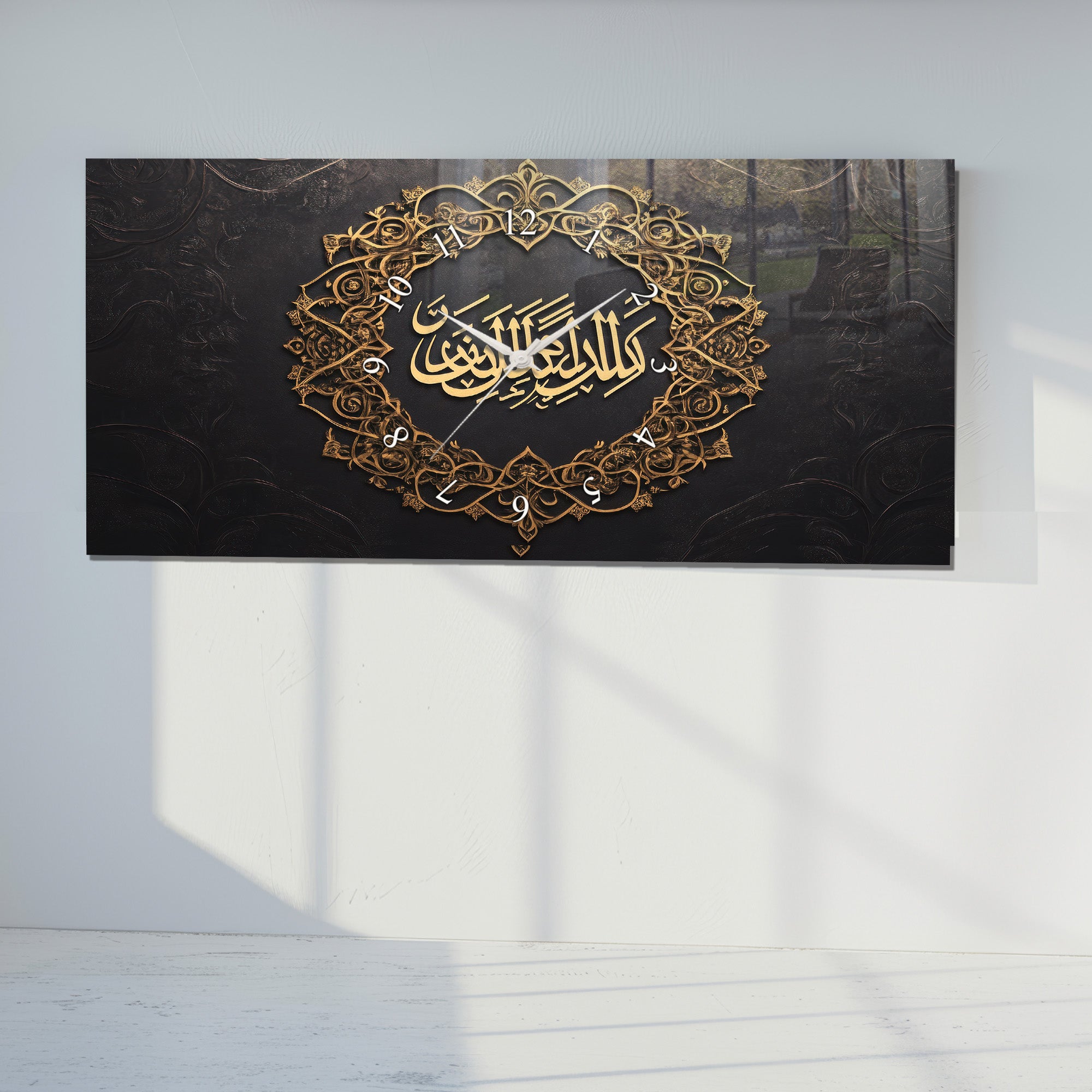 Temperlenmiş Cam İslami Duvar Saati – “Lâ İlâhe İllAllâh” Hat Sanatı, Siyah Altın Asil Dekor