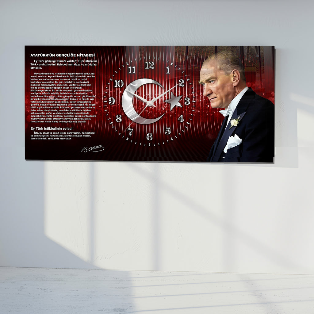 Kırmızı Türk Bayraklı Saatli Temperli Cam Tablo –Atatürk Portresi Ve Gençliğe Hitabe Tasarım, Premium UV Baskı Duvar Saati (Kopya) (Kopya)
