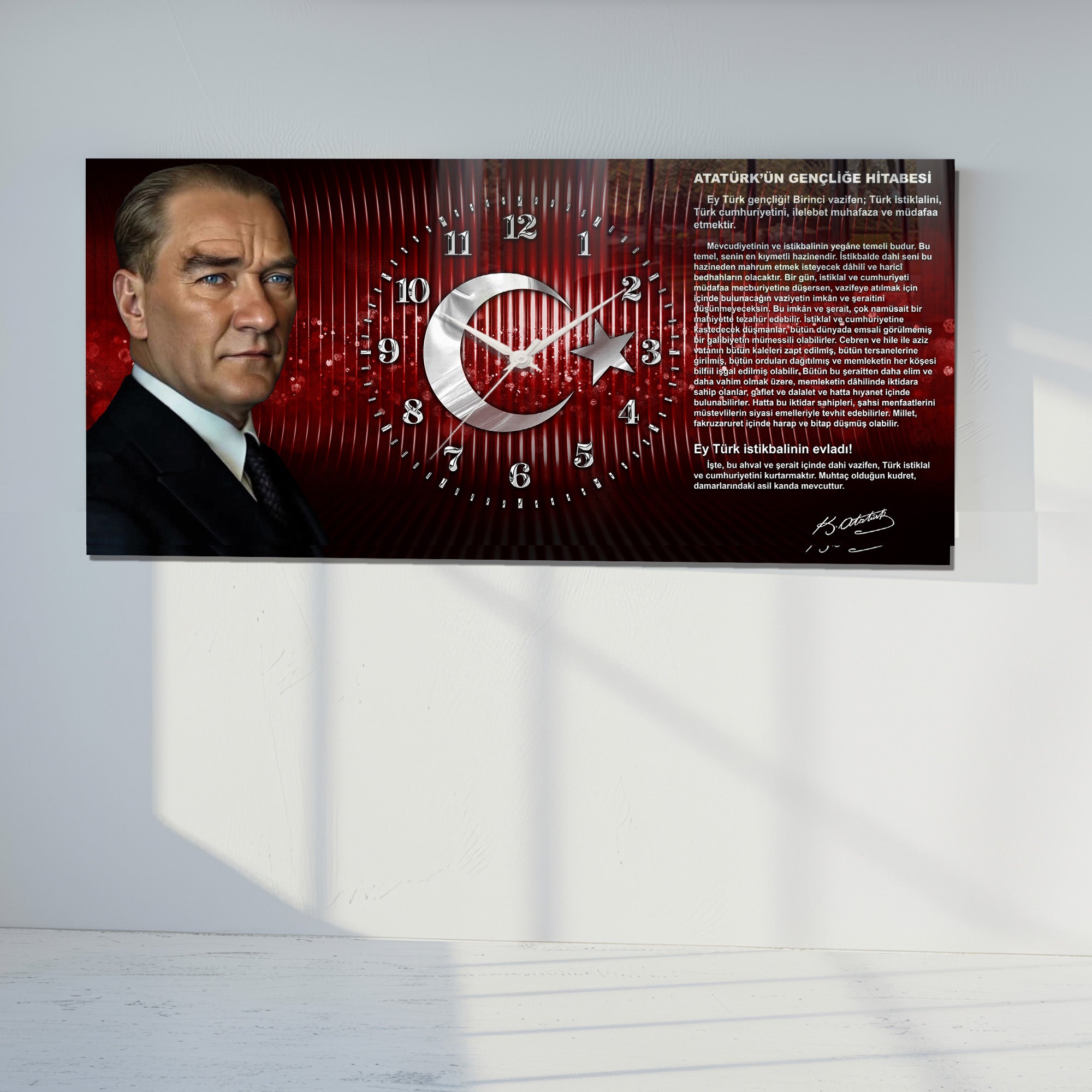 Kırmızı Türk Bayraklı Saatli Temperli Cam Tablo –Atatürk Portresi Ve Gençliğe Hitabe Tasarım, Premium UV Baskı Duvar Saati (Kopya)