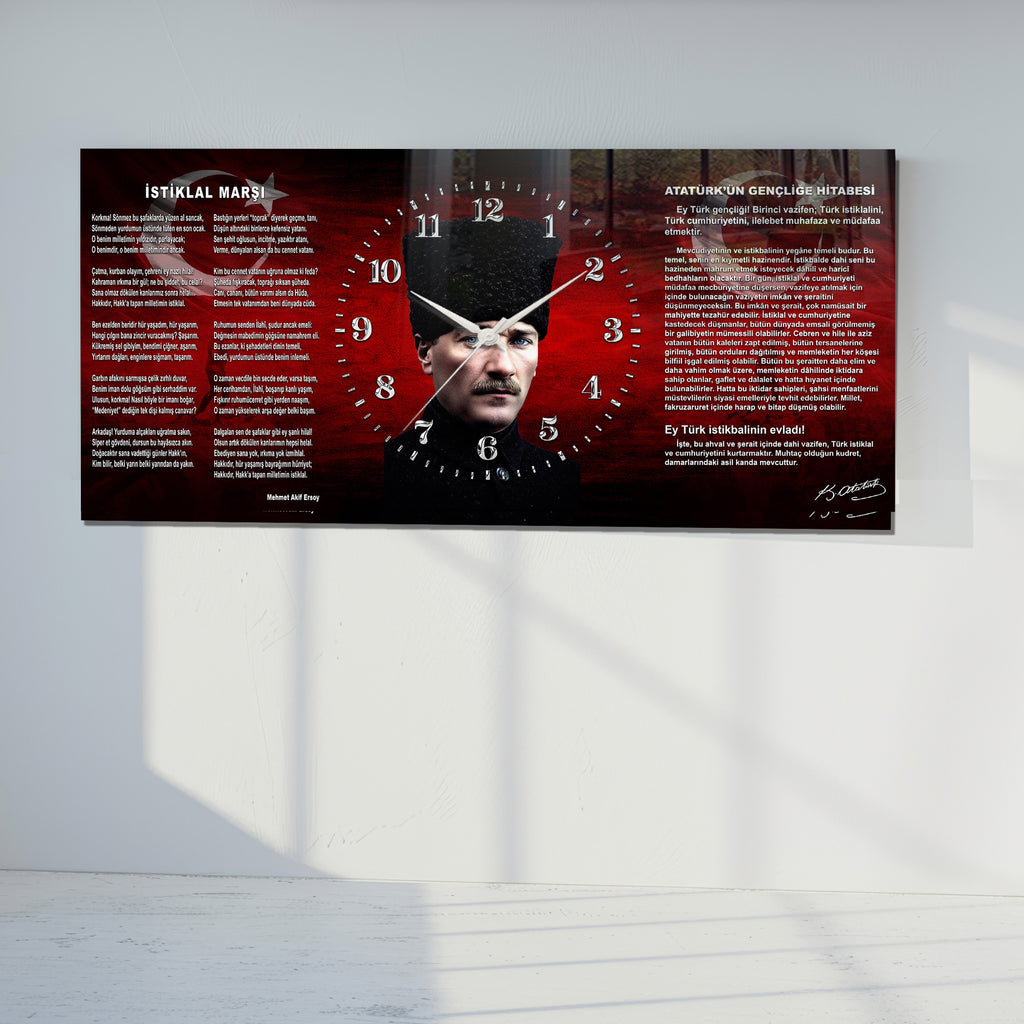 Kırmızı Türk Bayraklı Saatli Temperli Cam Tablo –İstiklal marşe ve Gençliğe Hitabe Atatürk Portre Tasarım, Premium UV Baskı Duvar Saati