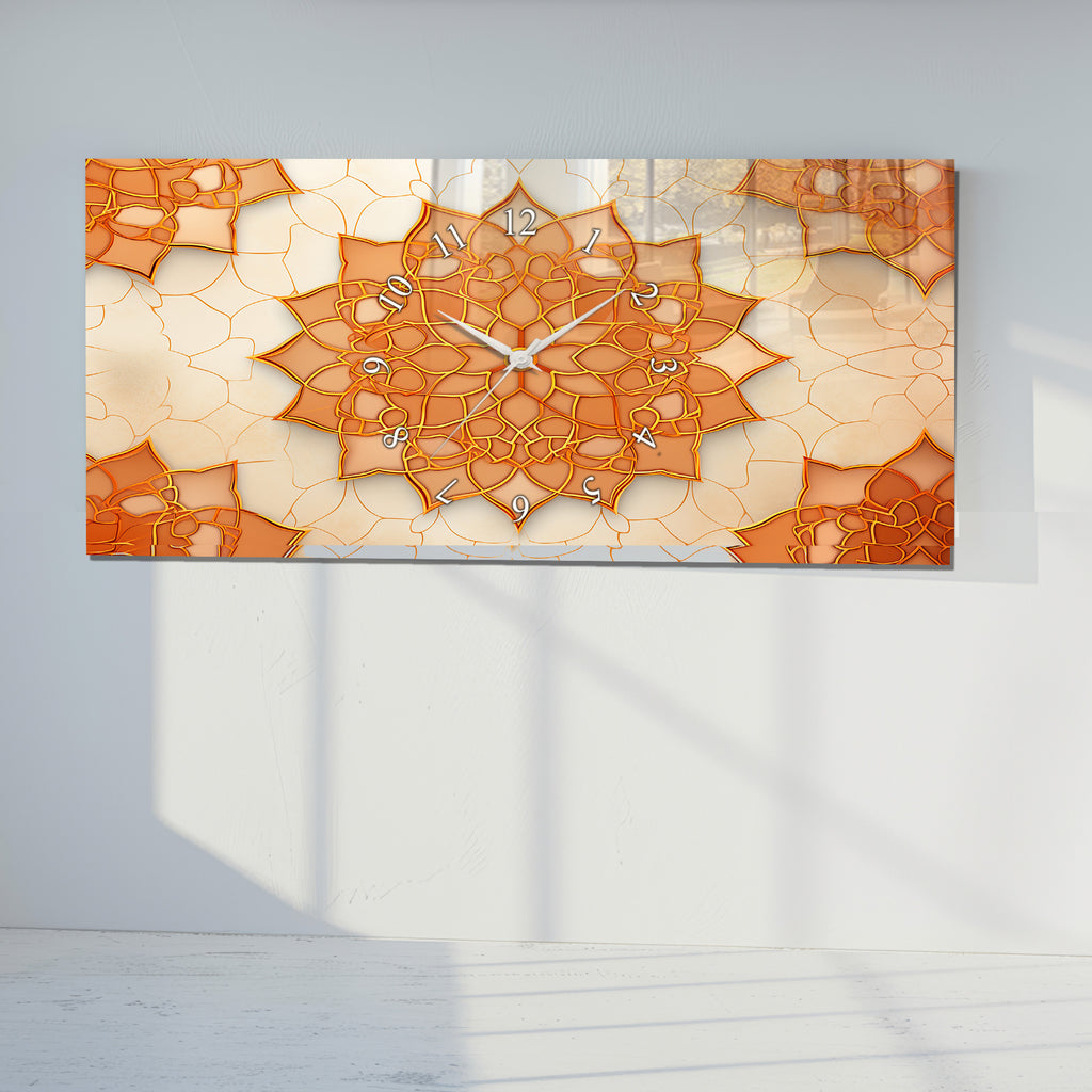 Temperli Cam İslami Duvar Saati –İslami Geometrik Desen, Turuncu Mandala Motifli Modern Deko
