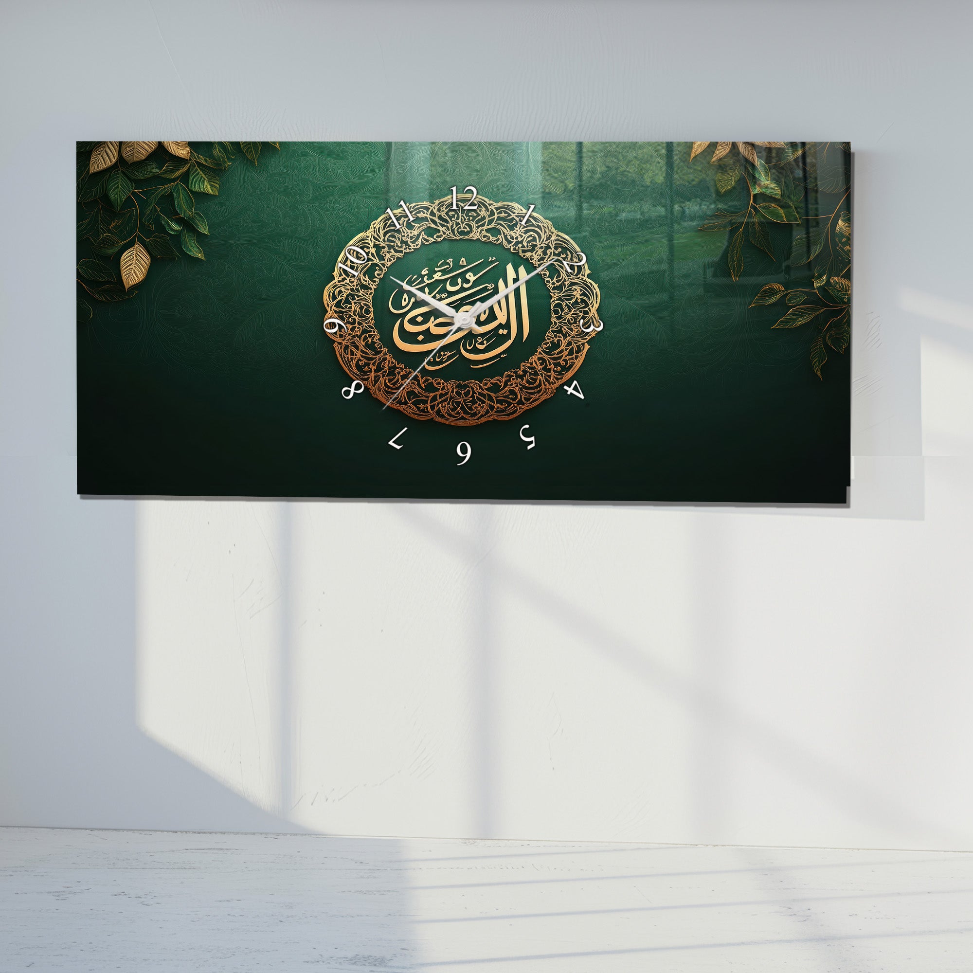 Temperli Cam İslami Duvar Saati – Hz. Muhammed (S.A.V.) Hat Sanatı, Yeşil Altın İslami Dekor