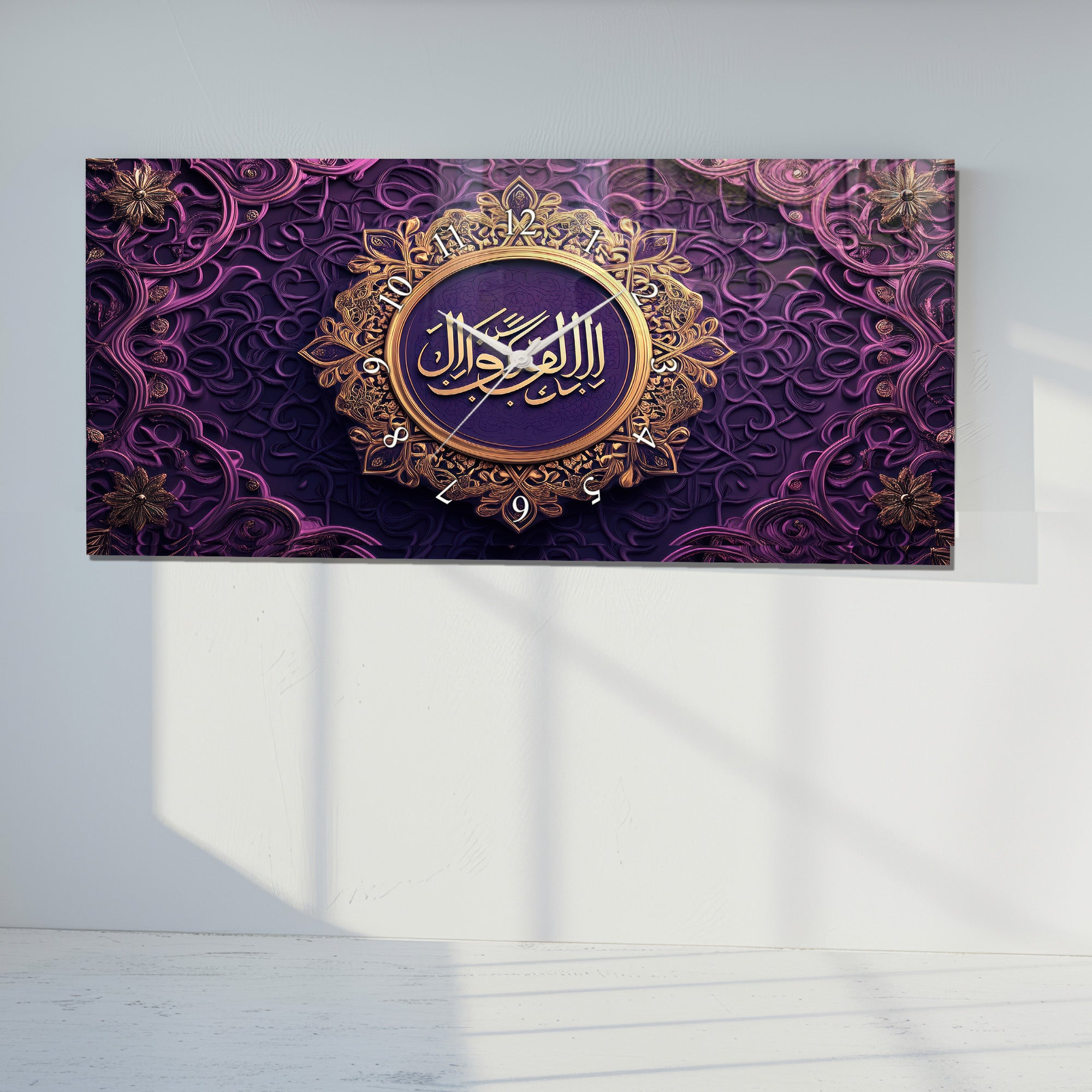 Temperli Cam İslami Duvar Saati – Allahu’l-Ahad Hat Sanatı, Mor Altın İslami Dekor