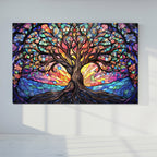 Ağaç Temalı Vitray Görünümlü Temperli Cam Tablo – Renkli Doğa Duvar Dekoru