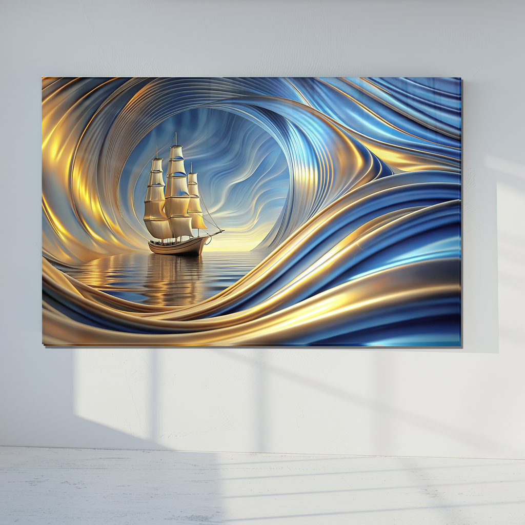 Temperli Cam Duvar Tablosu – Altın Mavi Soyut Gemi Dekor