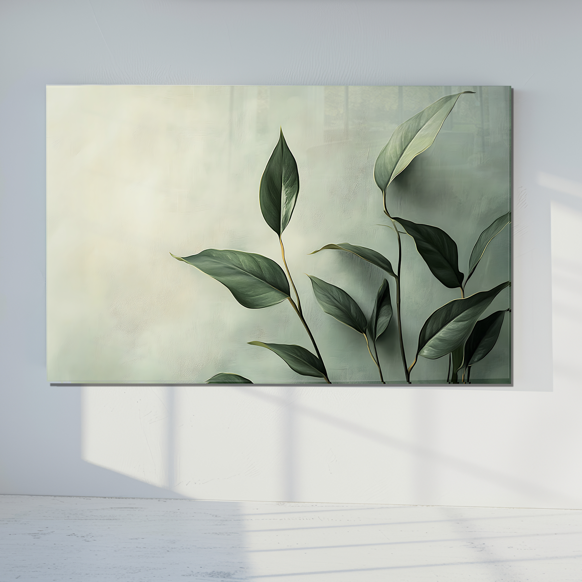 Temperli Cam Duvar Tablosu – Yeşil yapraklar Dekoru
