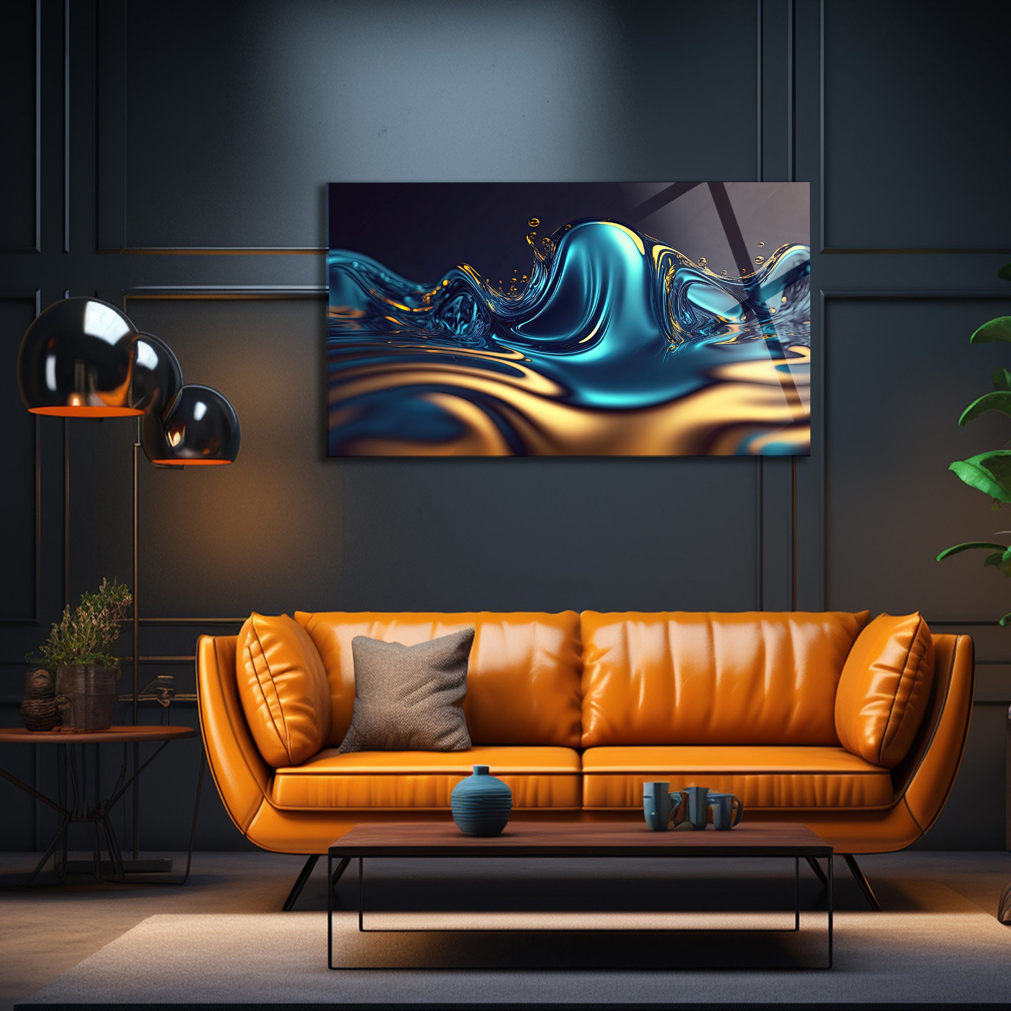 Temperli Cam Duvar Tablosu  Soyut Metalik