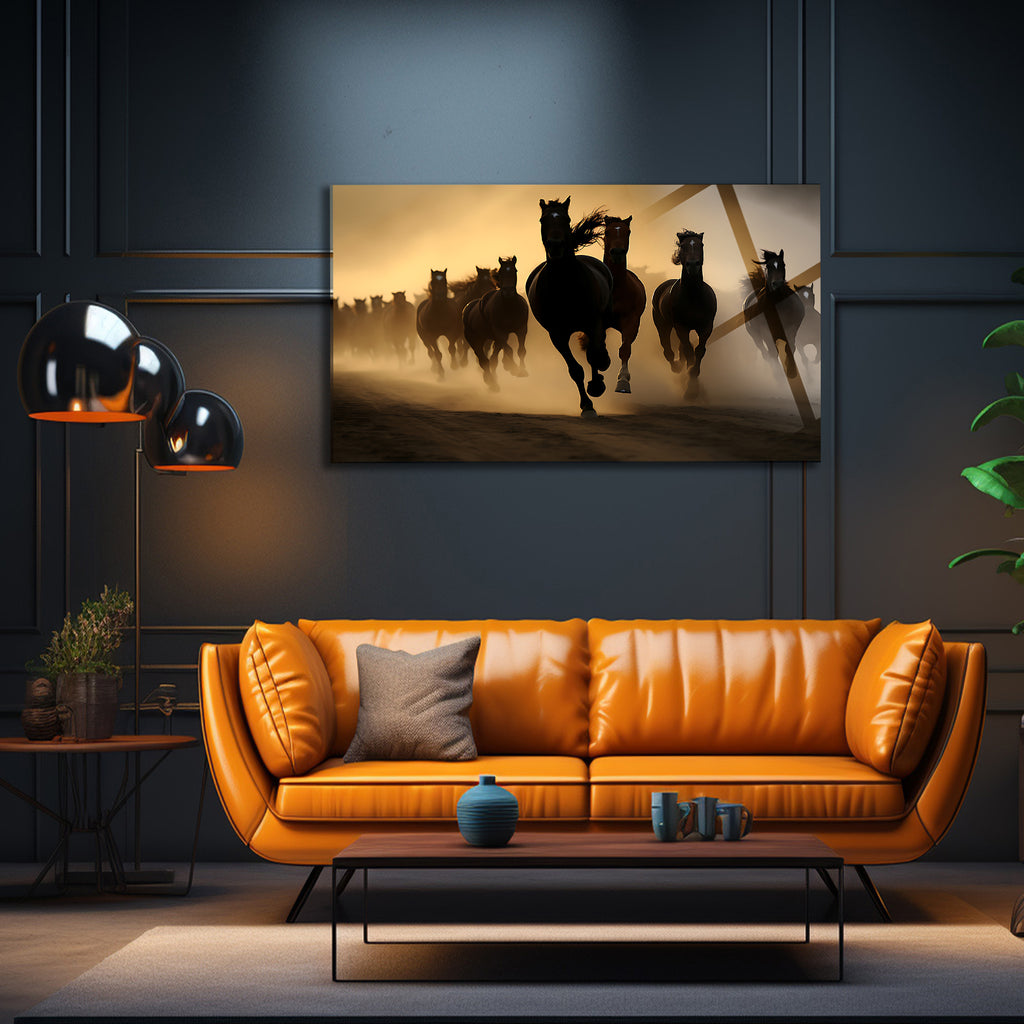 Temperli Cam Duvar Tablosu  Koşan Atlar