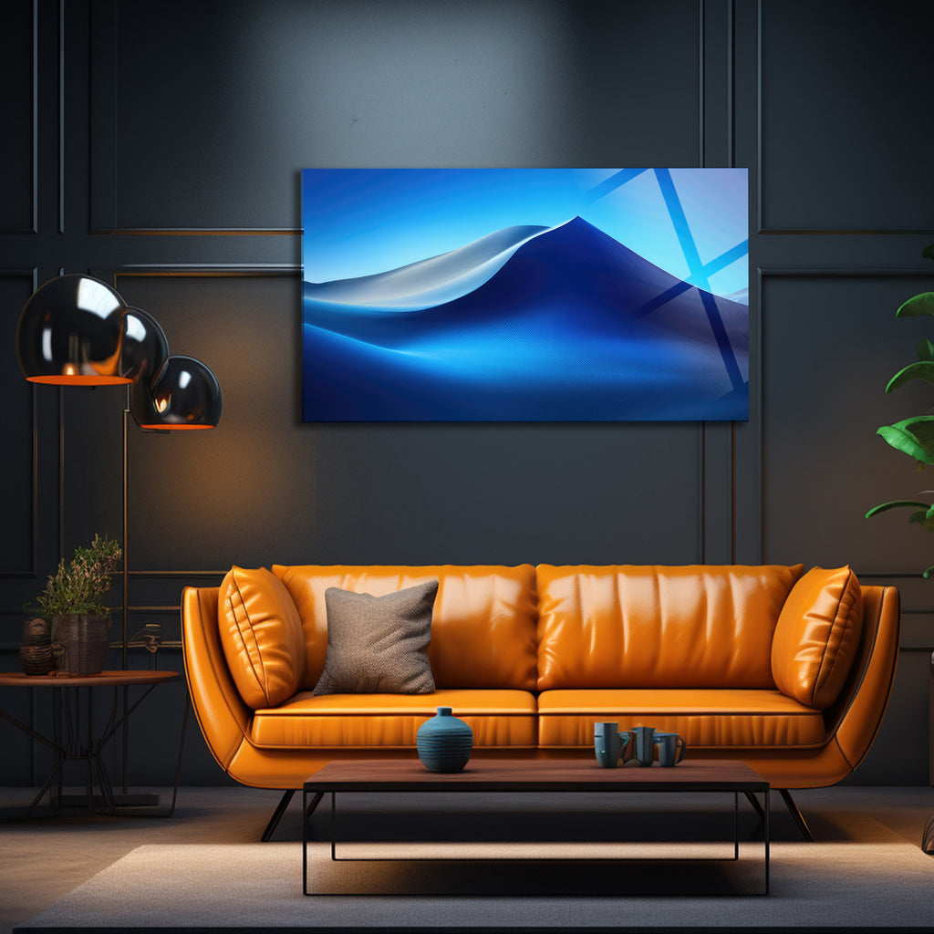 Temperli Cam Duvar Tablosu  Soyut Mavi Dalgalar