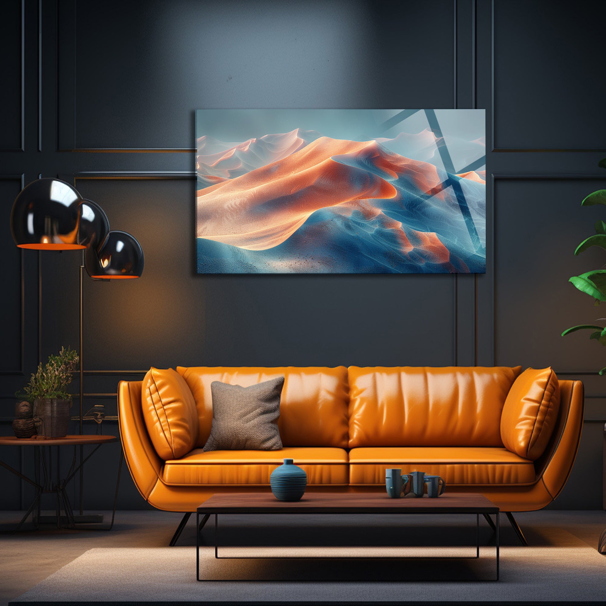 Temperli Cam Duvar Tablosu  Soyut Dağlar