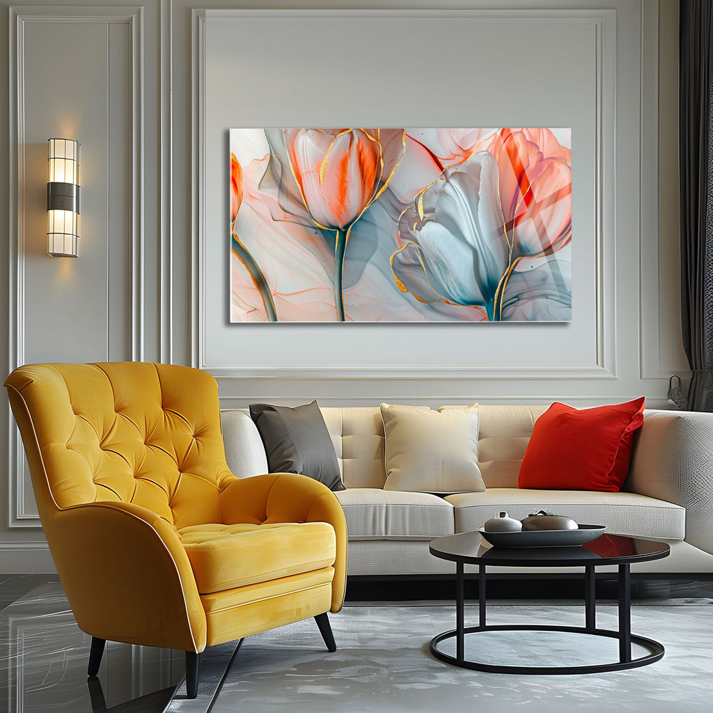 Temperli Cam Duvar Tablosu  Pembe Laleler