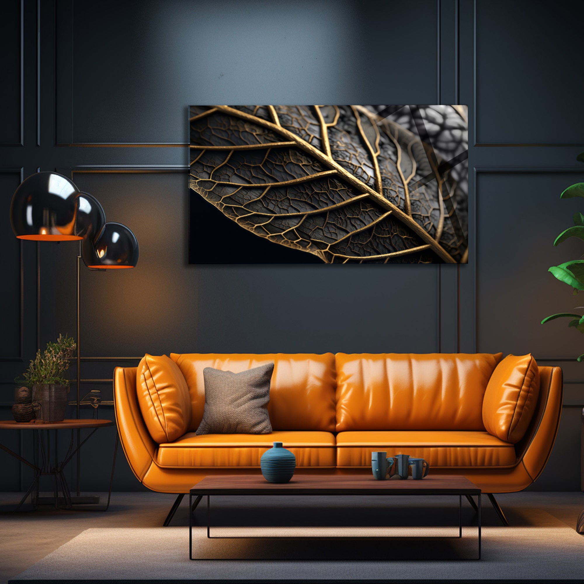 Temperli Cam Duvar Tablosu  Altın Damarlı Yaprak