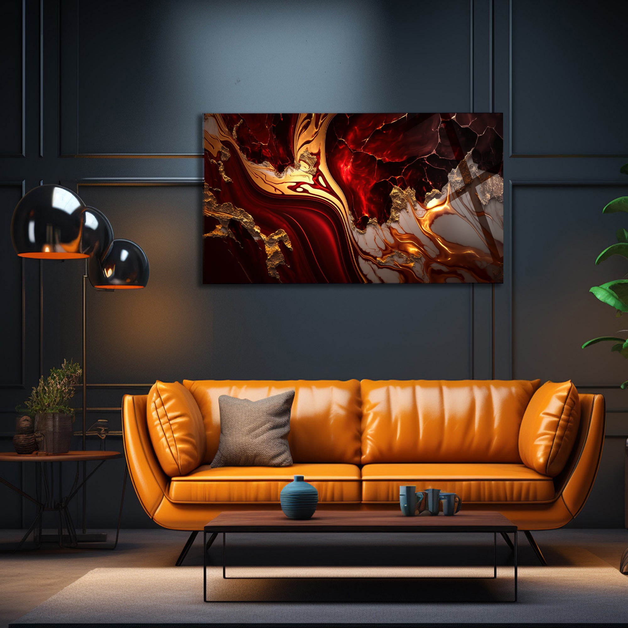 Temperli Cam Duvar Tablosu  Kırmızı Altınlı Mermer