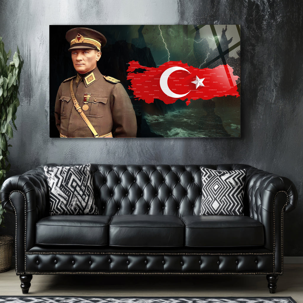 Atatürk Temalı Temperli Cam Duvar Tablosu – Premium UV Baskı, Modern & Şık Dekor