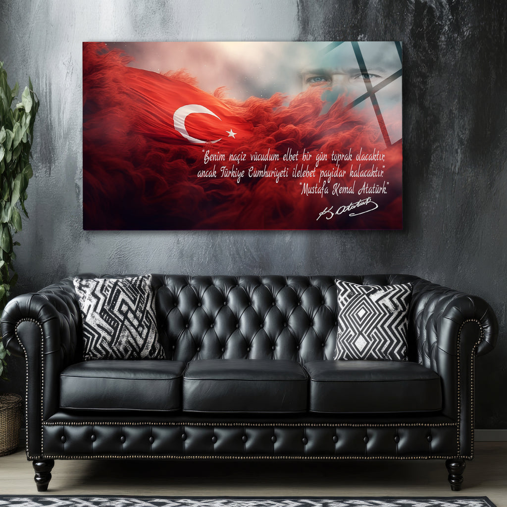Atatürk Temalı Temperli Cam Duvar Tablosu – Premium UV Baskı, Modern & Şık Dekor