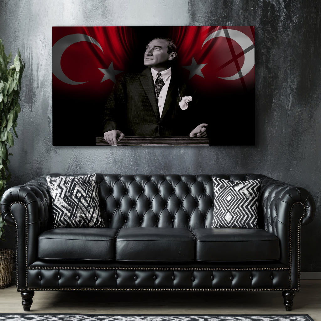 Atatürk Temalı Temperli Cam Duvar Tablosu – Premium UV Baskı, Modern & Şık Dekor