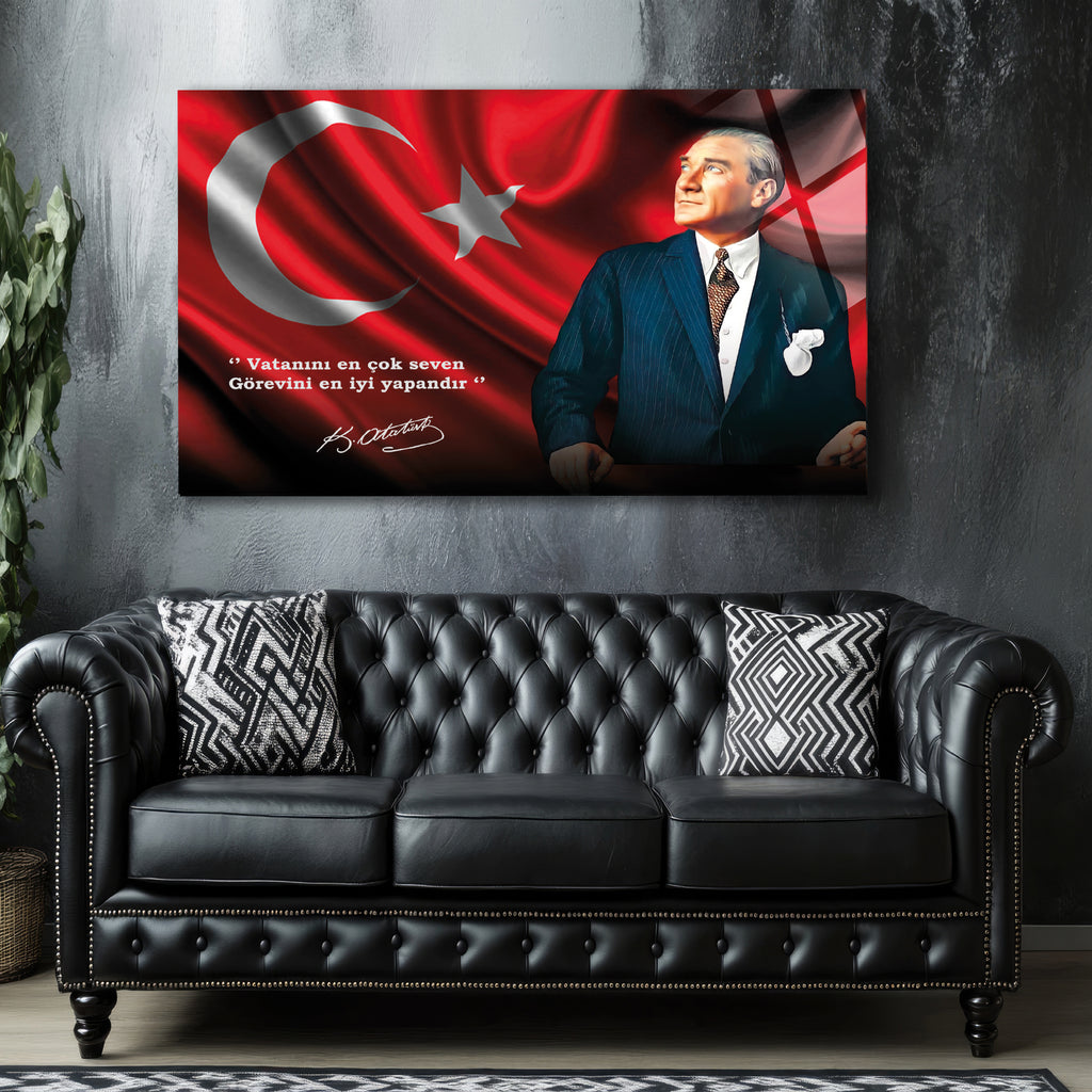 Atatürk Temalı Temperli Cam Duvar Tablosu – Premium UV Baskı, Modern & Şık Dekor