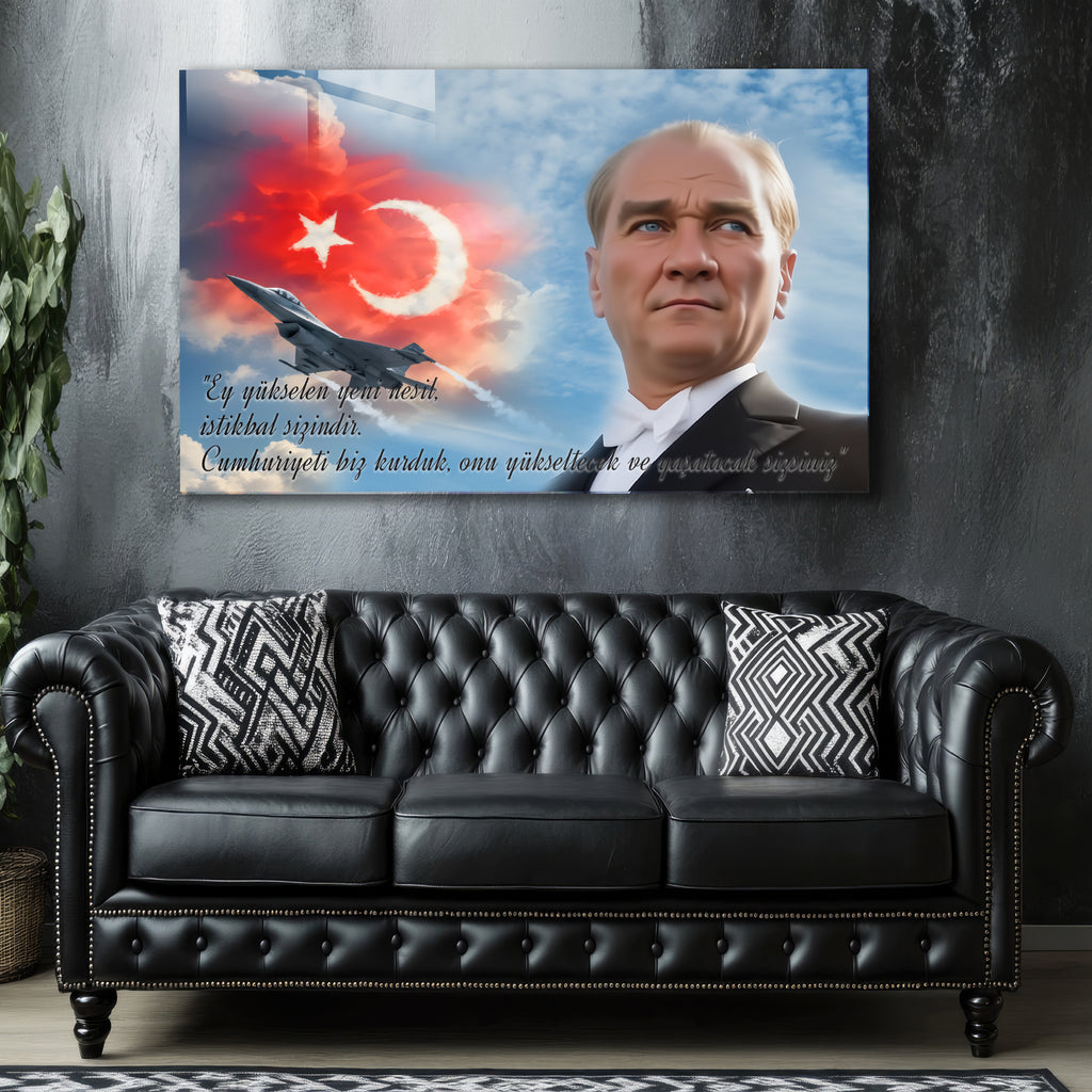 Atatürk Temalı Temperli Cam Duvar Tablosu – Premium UV Baskı, Modern & Şık Dekor