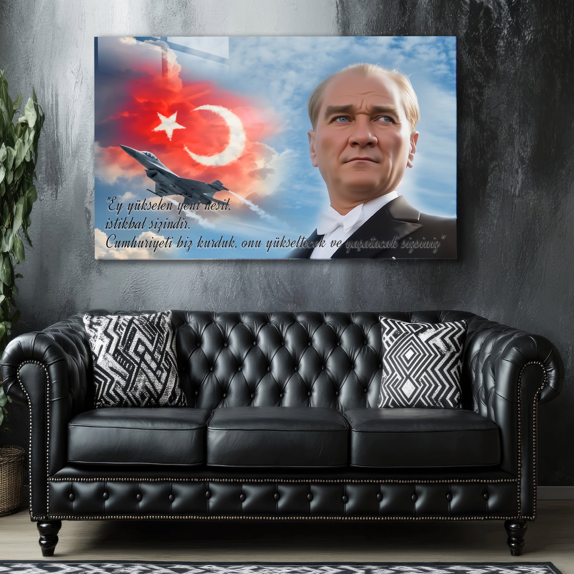 Atatürk Temalı Temperli Cam Duvar Tablosu – Premium UV Baskı, Modern & Şık Dekor