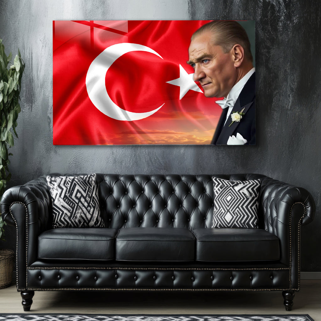 Atatürk Temalı Temperli Cam Duvar Tablosu – Premium UV Baskı, Modern & Şık Dekor