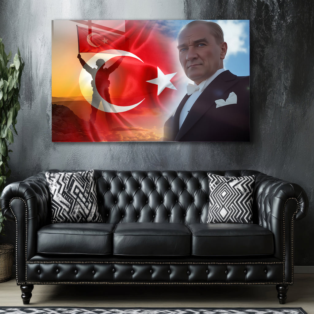 Atatürk Temalı Temperli Cam Duvar Tablosu – Premium UV Baskı, Modern & Şık Dekor