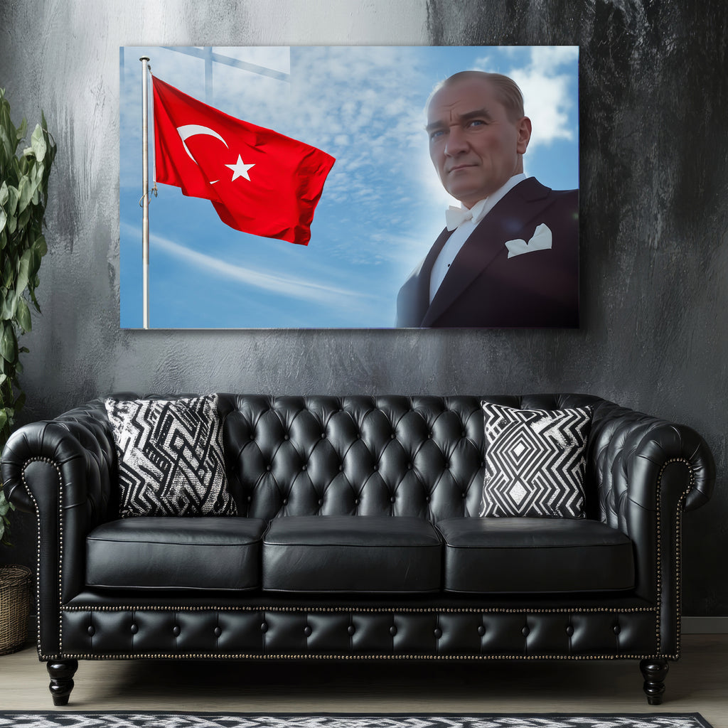 Atatürk Temalı Temperli Cam Duvar Tablosu – Premium UV Baskı, Modern & Şık Dekor