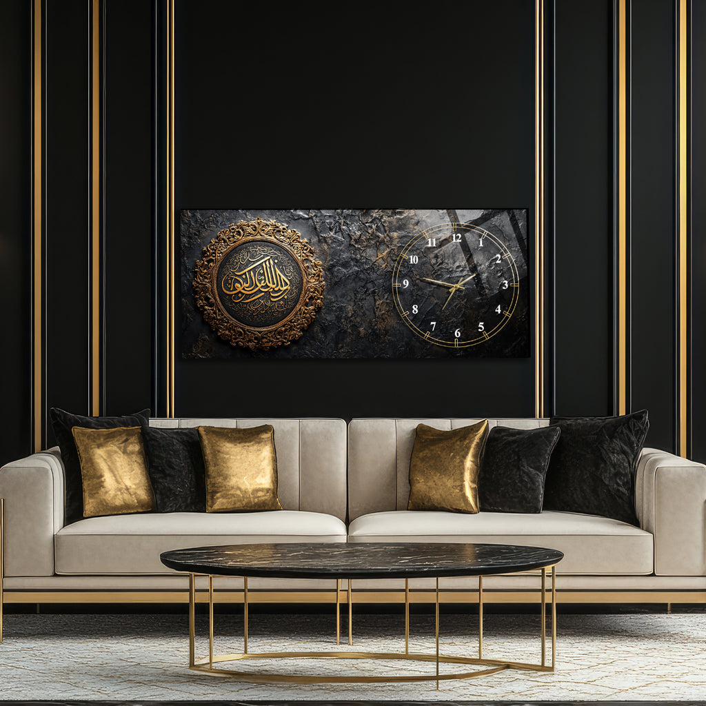 Temperli Cam İslami Duvar Saati – Bismillahirrahmânirrahîm Hat Sanatı, Siyah Mermer Üzeri Altın Tasarım