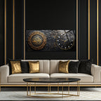 Temperli Cam İslami Duvar Saati – Bismillahirrahmânirrahîm Hat Sanatı, Siyah Mermer Üzeri Altın Tasarım