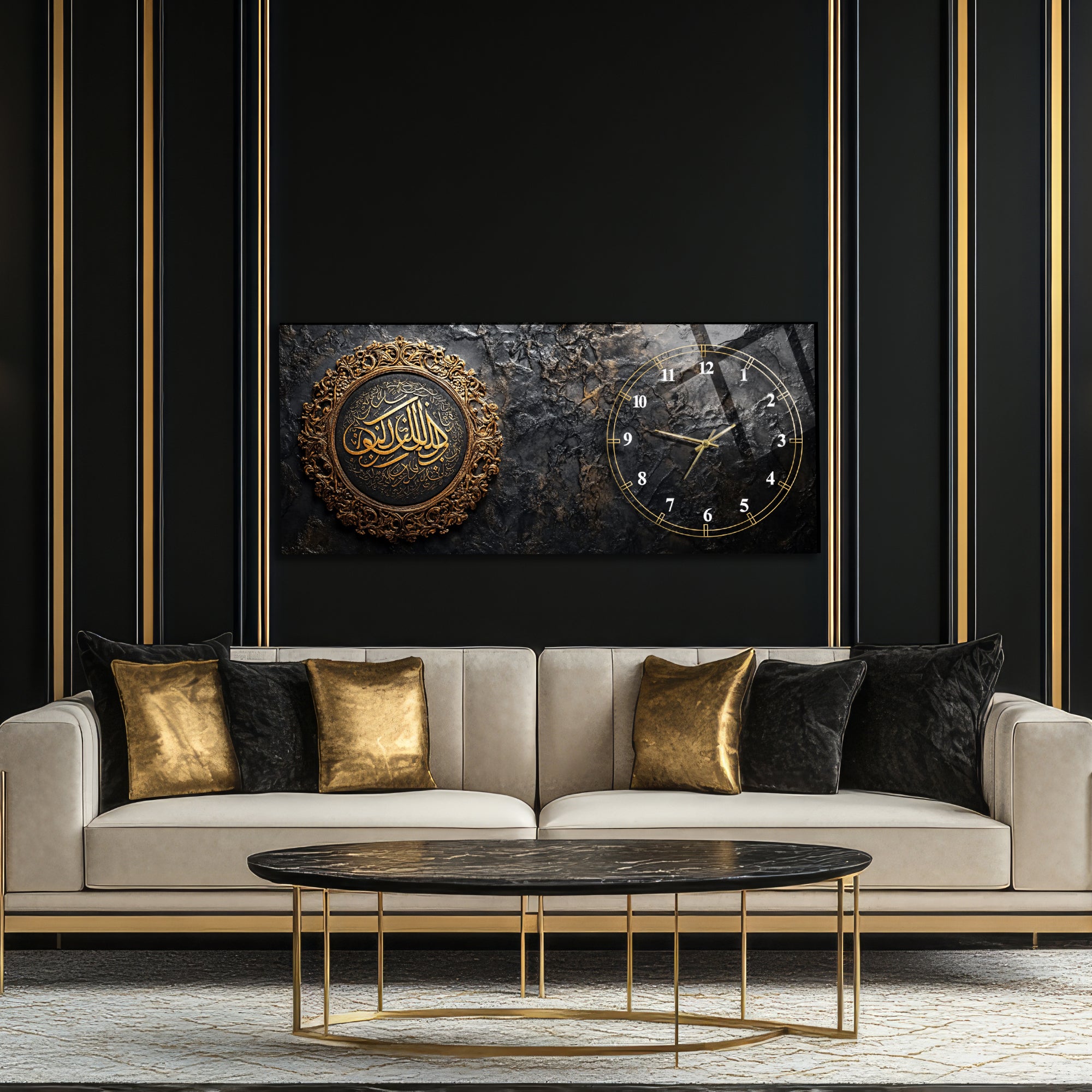 Temperli Cam İslami Duvar Saati – Bismillahirrahmânirrahîm Hat Sanatı, Siyah Mermer Üzeri Altın Tasarım