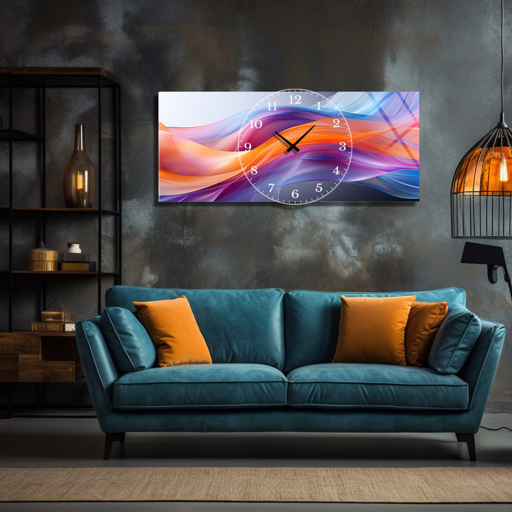 Soyut Temalı Temperli Cam Duvar Saati – Altın Detaylı Modern Tasarım, Büyük Boy Duvar Dekoru