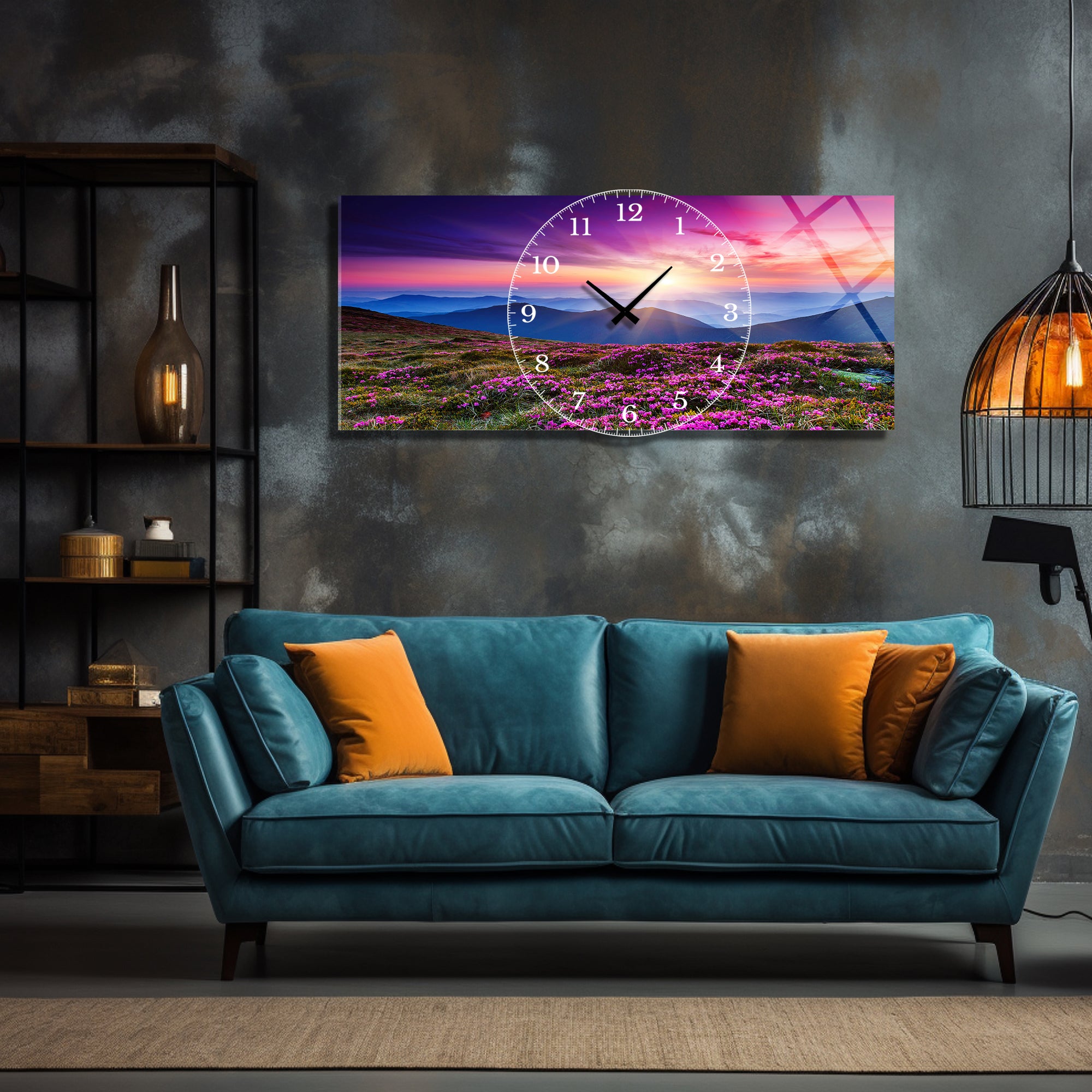 Manzara Temalı Temperli Cam Duvar Saati – Altın Detaylı Modern Tasarım, Büyük Boy Duvar Dekoru
