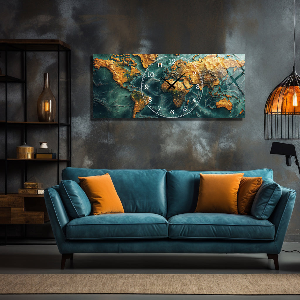 World Map Themed Tempered Glass Wall Clock – Modern Design with Gold Details, Large Wall Decor