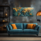 World Map Themed Tempered Glass Wall Clock – Modern Design with Gold Details, Large Wall Decor