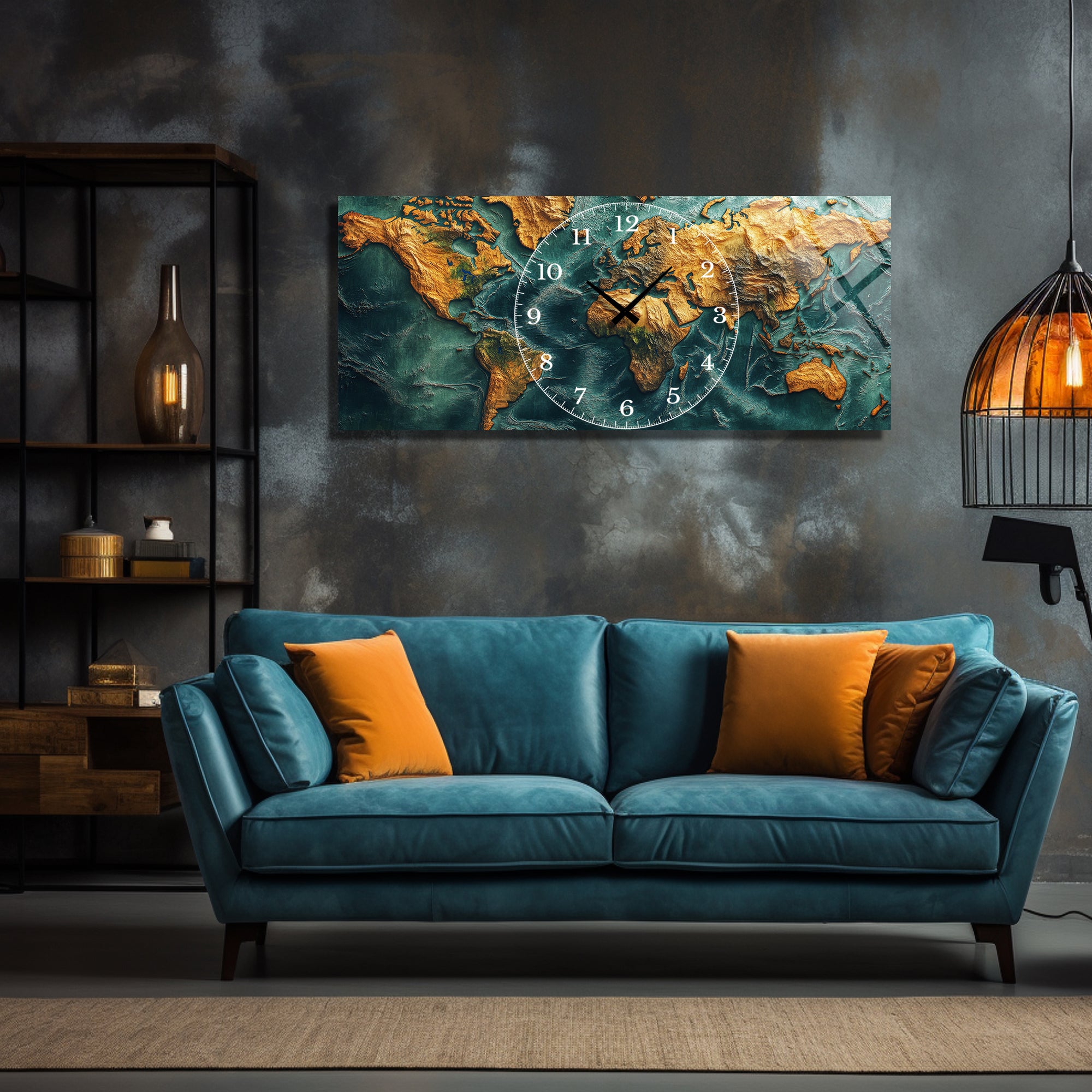 World Map Themed Tempered Glass Wall Clock – Modern Design with Gold Details, Large Wall Decor