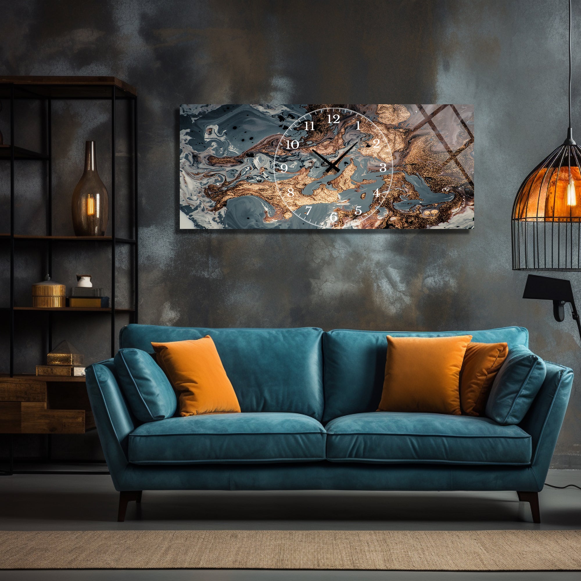 Soyut Temalı Temperli Cam Duvar Saati – Altın Detaylı Modern Tasarım, Büyük Boy Duvar Dekoru